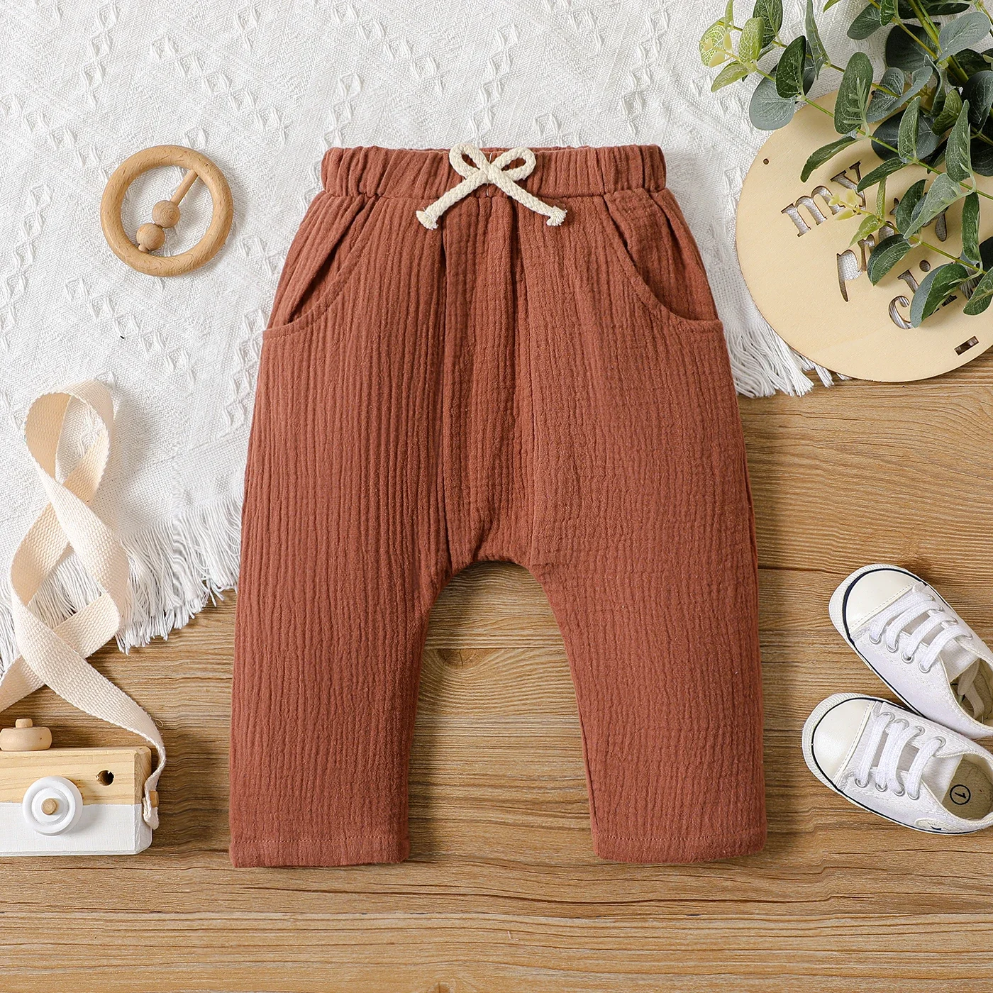 PatPat Baby Boy/Girl Crepe Brown/Khaki Striped Elasticized Waist Harem Pants Suitable for Summer Season Perfect for Outings