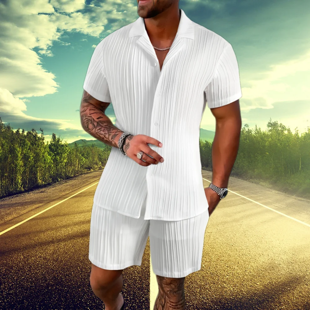 

Men's Casual 2-Piece Outfit, Men's Solid Color Button-Up Shirt And Shorts Set For Summer Casual Wear
