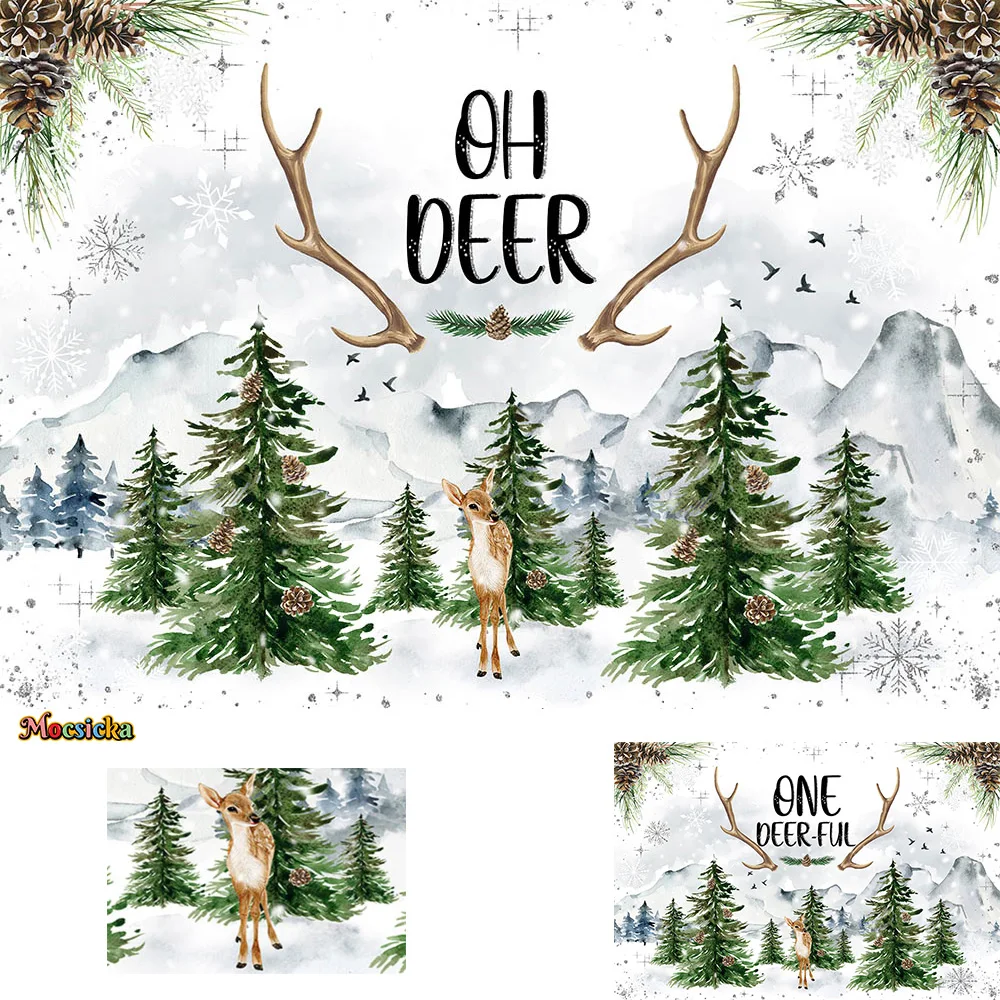 

Mocsicka Oh Deer Baby Shower Backdrop Banner Winter Pine Forest Snowflake Decor Background Newborn 1st Birthday Party Photobooth