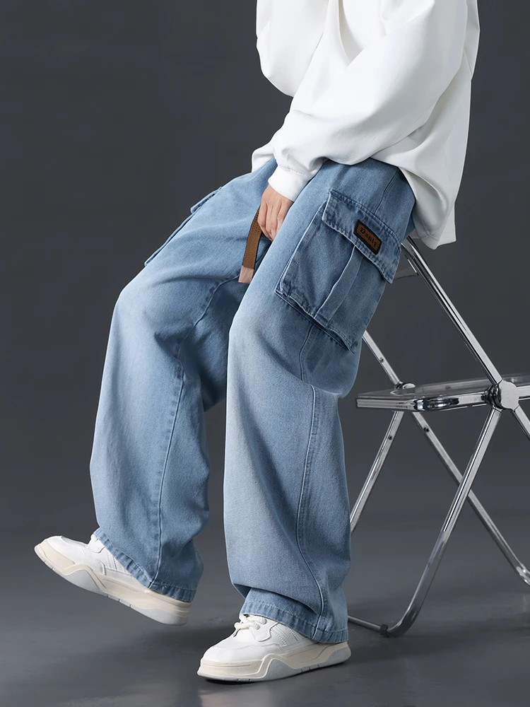 

Plus Size Cargo Jeans Men Multi-Pockets String Banding Wide Leg Casual Denim Pants Male Straight Jean Trousers 6XL 7XL 8XL