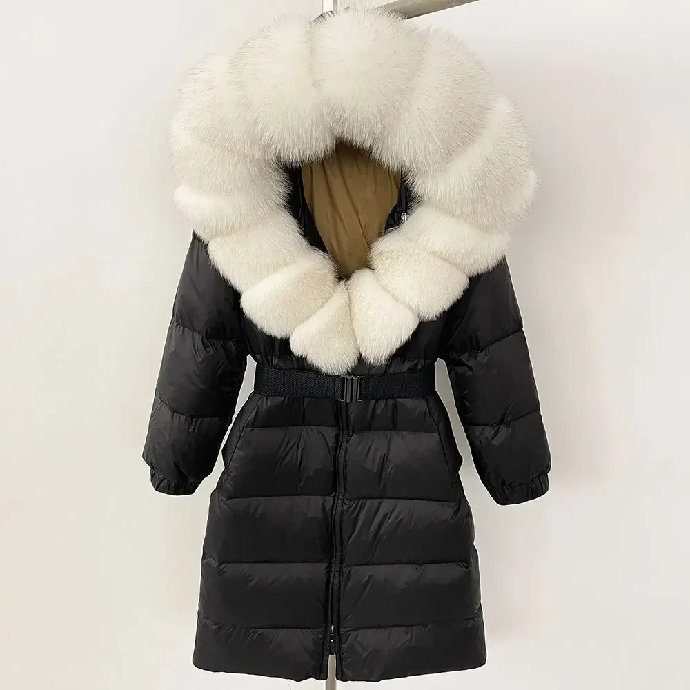 New Natural Thick Warm Long Winter Jacket Women 90% White Duck Down Coat  Real Big Fox Fur Collar Belt Loose Puffer Parka