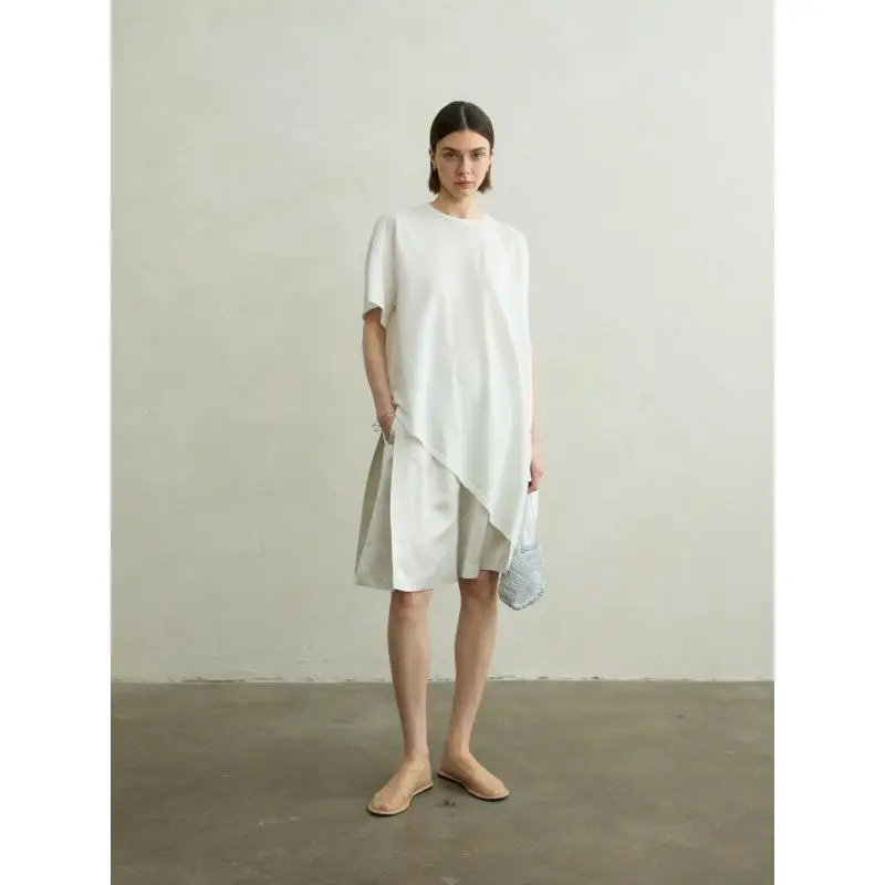 Maxdutti Nordic Minimalist Cotton Short Sleeved Asymmetrical Mid Length T-shirt Top Summer T-shirt Woman Clothes Female Clothing