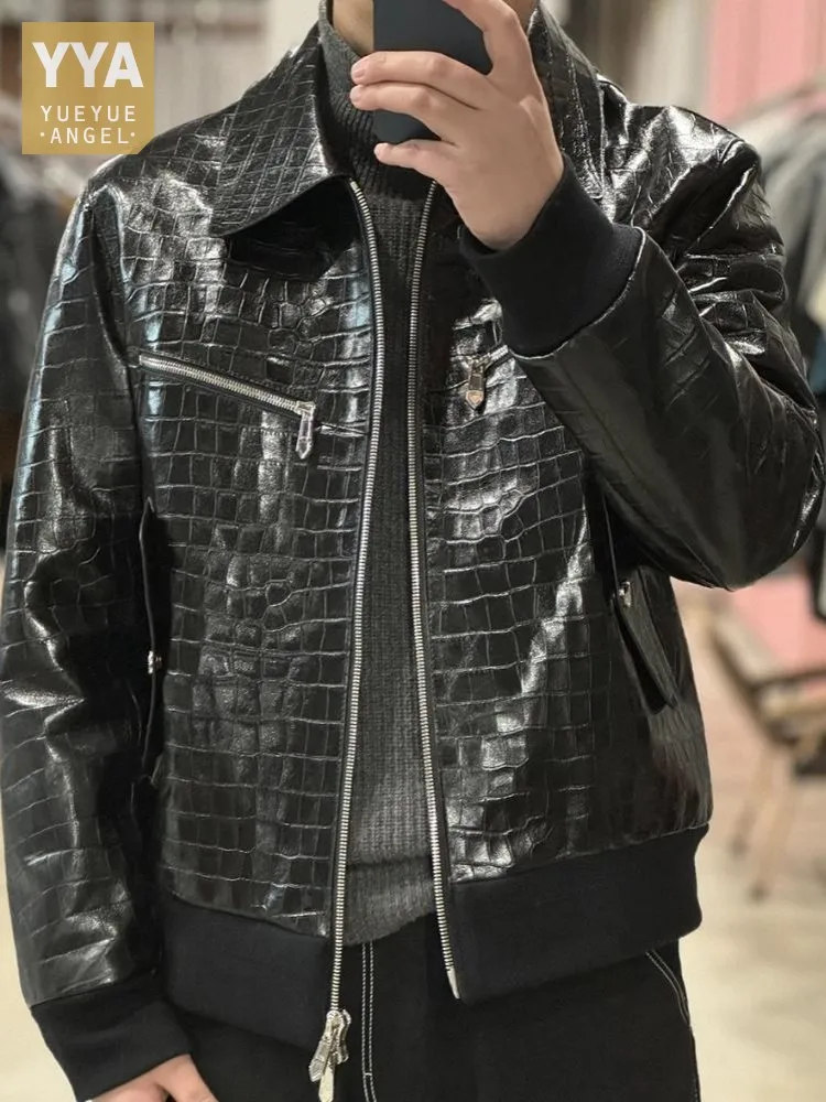 

Concise Style Zipper Pocket Genuine Leather Short Jacket Fashion Solid Color Slim Crocodile Patterned Sheepskin Male Coat
