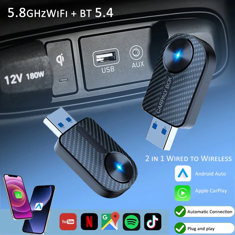 

Wireless CarPlay Android Auto AI Box Plug & Play Auto Connect 2in1 for Cars Watch Netflix YouTube in Car 5G WiFi HD Xlintek KM12