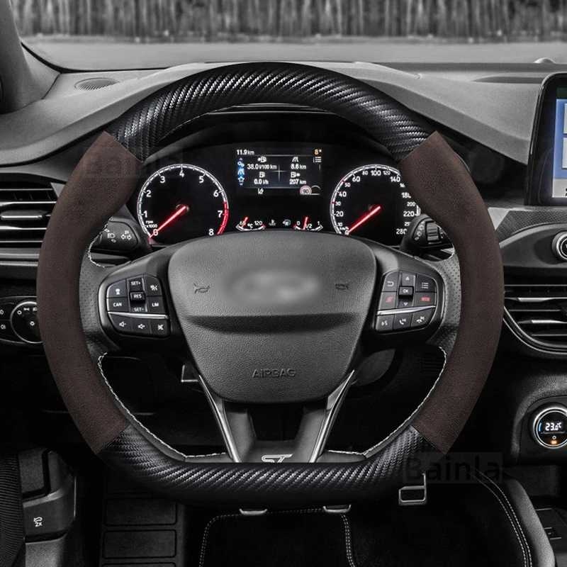 Car Steering Wheel Cover Microfiber Leather, For Ford Focus Fiesta ST ST-Line Kuga Puma ST-Line 2017-2021 2022 2023 Auto Parts