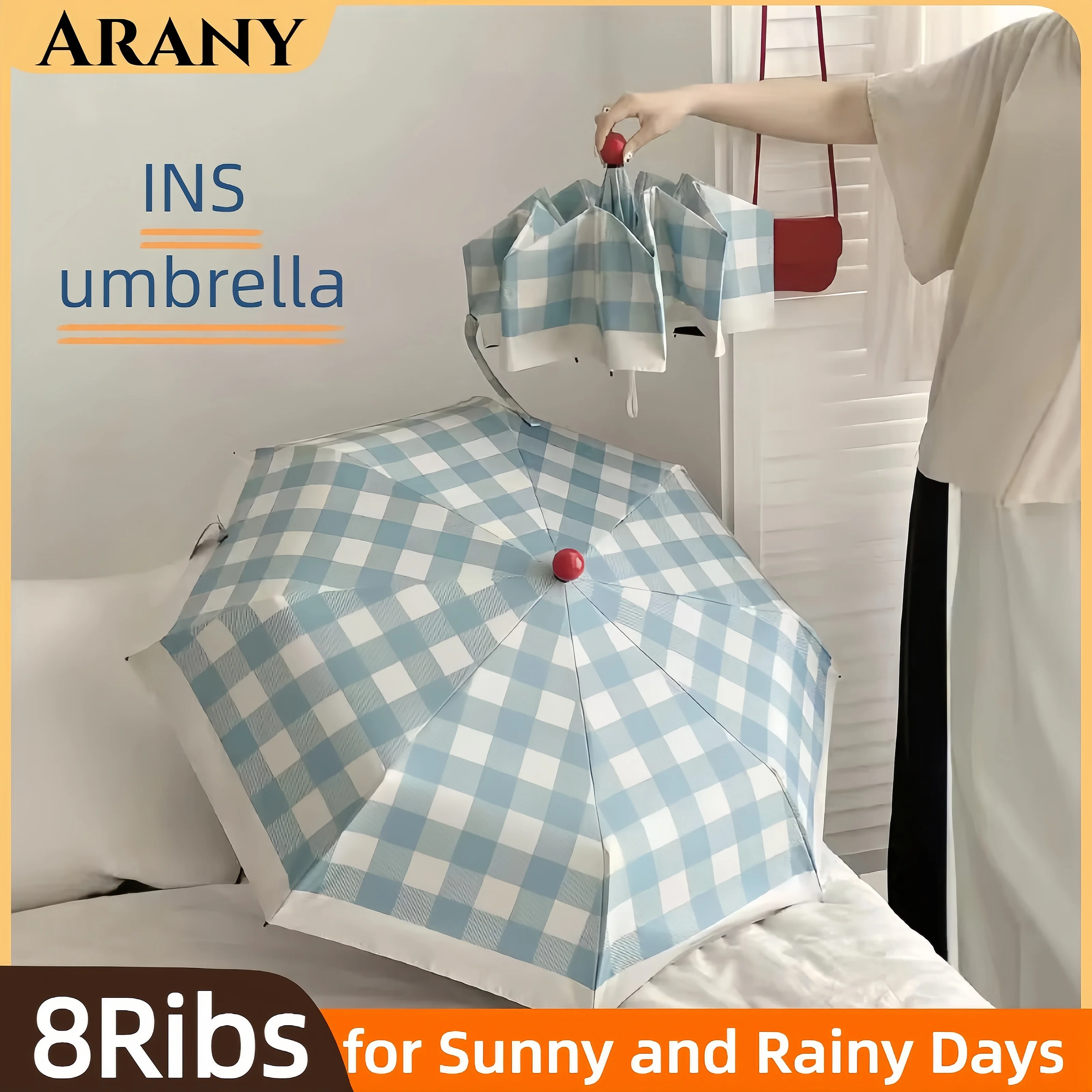 

ARANY ins simple checkered sun umbrella sun protection UV protection 3-folding umbrella women's all-weather automatic umbrella