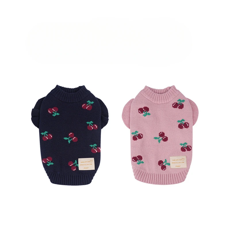 Pet Autumn and Winter Clothing Small Fly Sleeves Cherry Embroidery Sweater Teddy Bear Little Dog Warm Pullover Knit Sweater