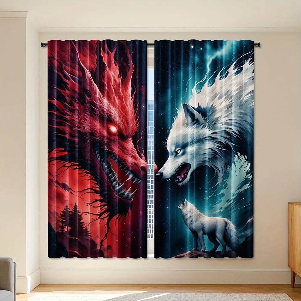 Red Demon Wolf White Ice Wolf Curtain 2 Panels, Contrast Cool Hot Wolf Galaxy Starry Sky Split Print, Drapes for Bedroom Curtain