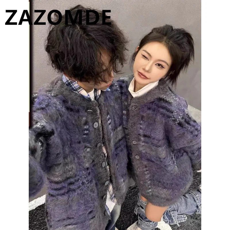 ZAZOMDE Winter New Vintage Oversize Sweaters Streetwear Y2k Clothes Knitted Jumper Jacquard Fashion Couple Cardigan Sweater Coat