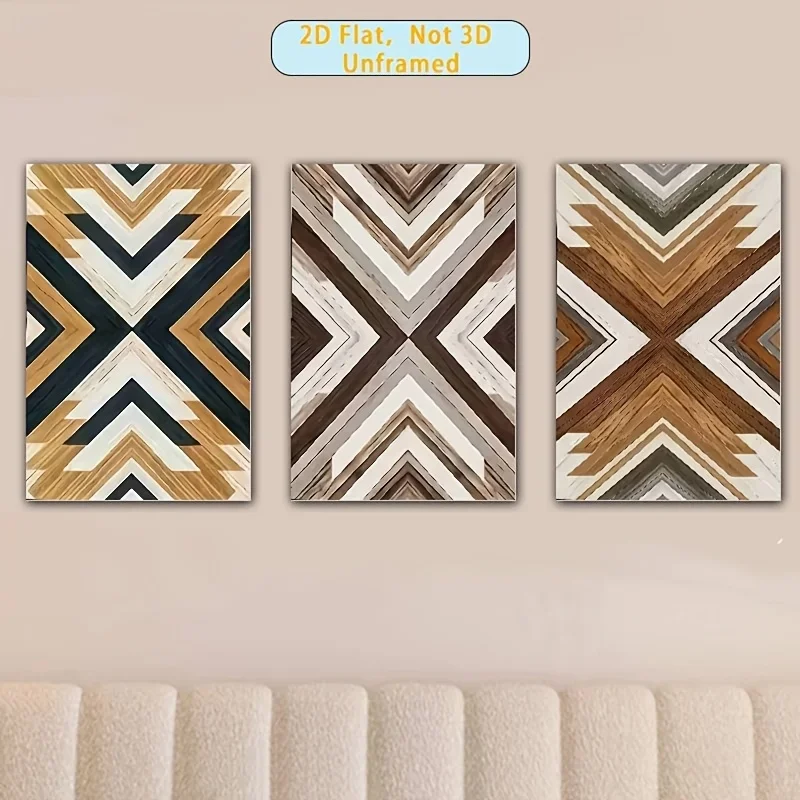 2D Flat, 2D Flat, Frameless 2D, 3pcs Posters, Texture Patchwork Art, Retro Fashion Abstract Geometric Home Decor, Wall Art, R