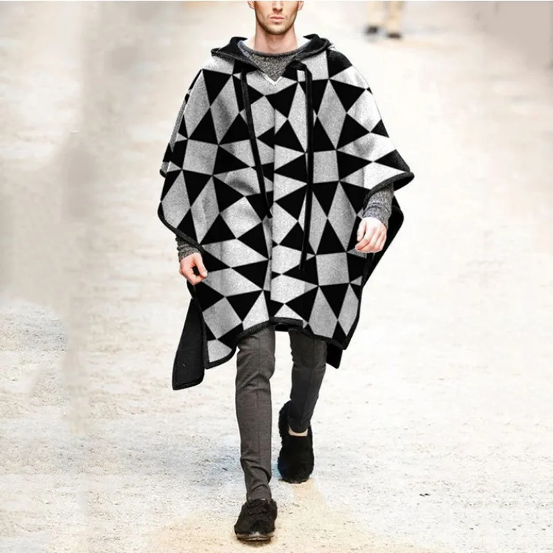 Cappotto da uomo in lana con cappuccio e scialle a mantella primaverile e autunnale