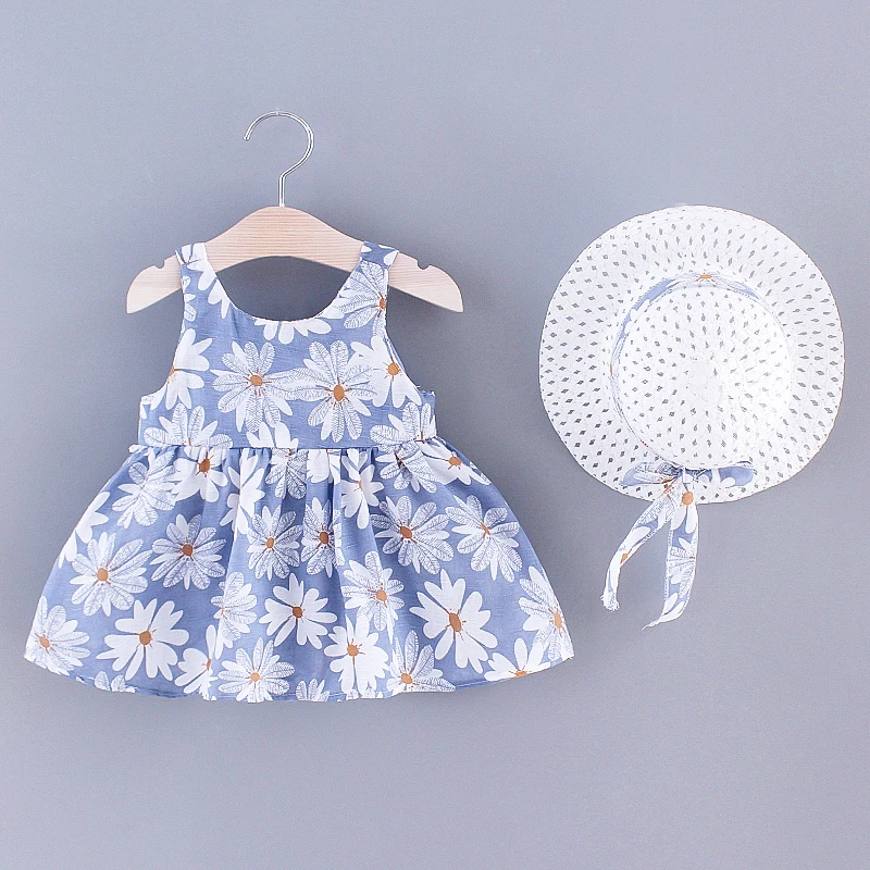 Summer New Girl Fashion Dress Small Chrysanthemum Hanging Strap Big Bow Princess Dress Party Dress 0-3 Years Old