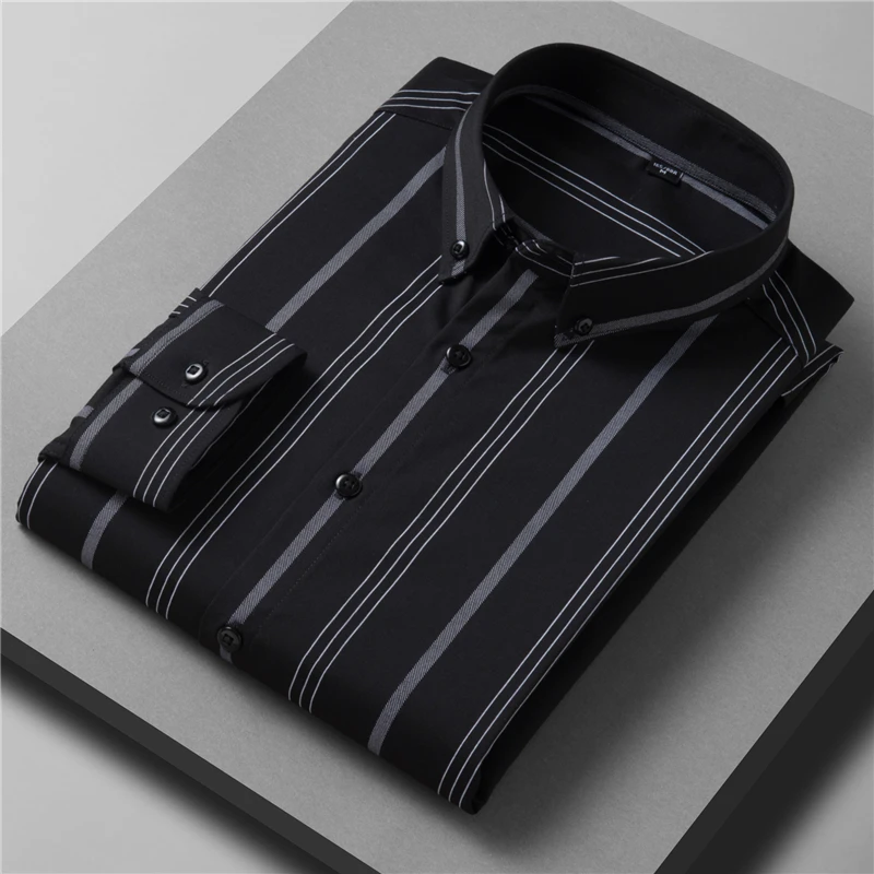 SHAN BAO-Camisa listrada de manga comprida masculina, fibra de bambu, solta, casual, casamento, banquete, luxo, alta qualidade, outono, 2022