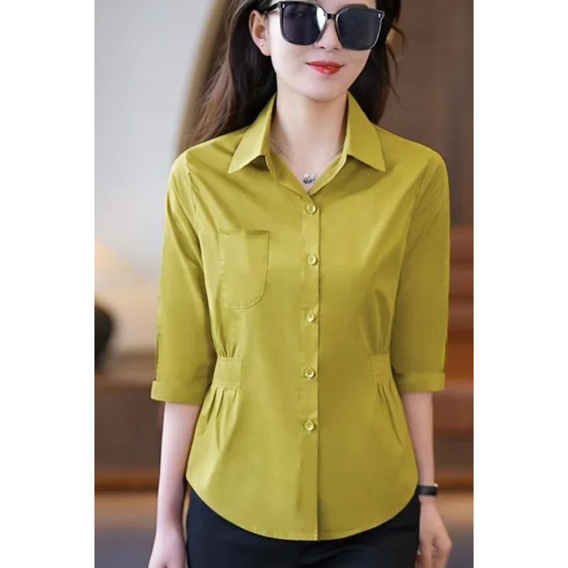 

Women's Three-quarter Sleeve Bottoming New Style Patchwork Waist Mid-sleeve Shirt Design Slimming Top