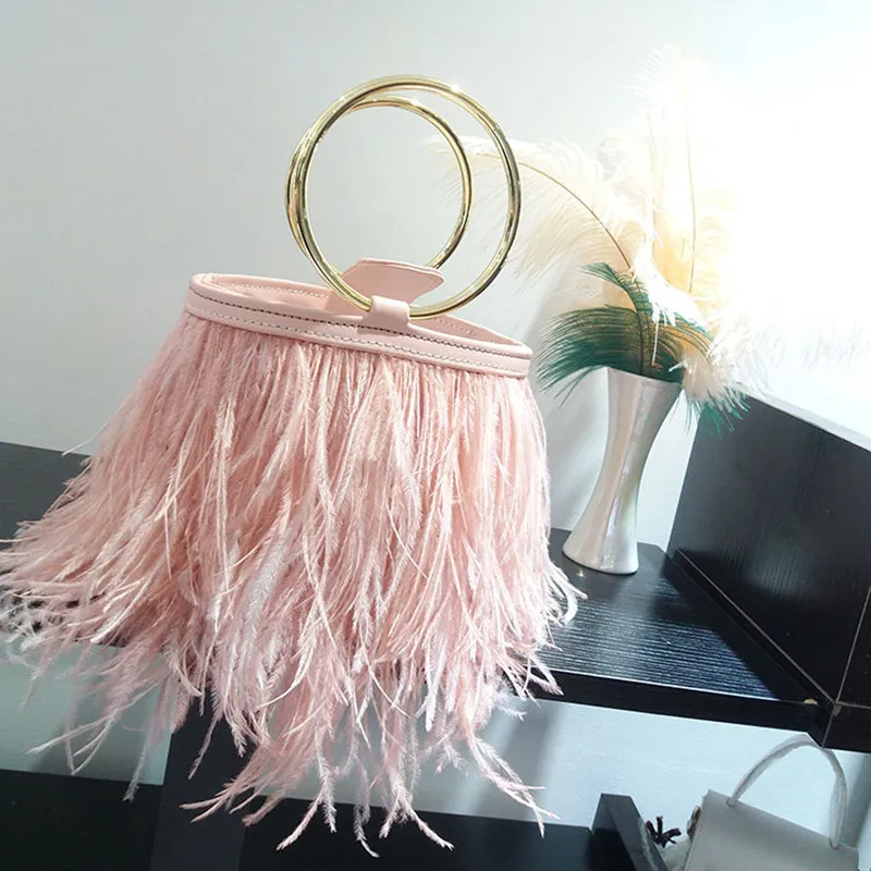 Wedding Bag Ostrich Feather Bucket Handbag for Women Luxury Fashion Purses and Handbags Designer Party Clutch Chain Shoulder Bag