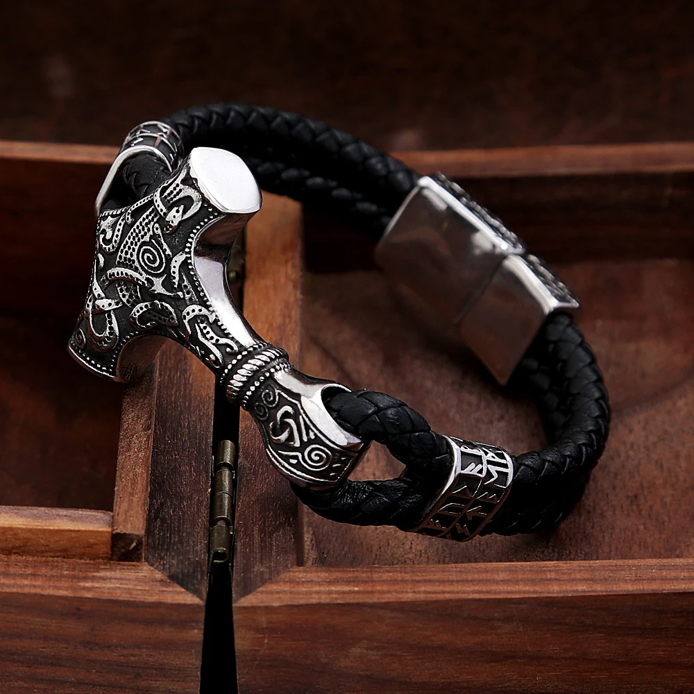 Vintage Stainless Steel Thor Hammer Mjolnir Bracelets Bangles Mens Viking Leather Wristband Norse Mythology Runes Amulet Jewelry