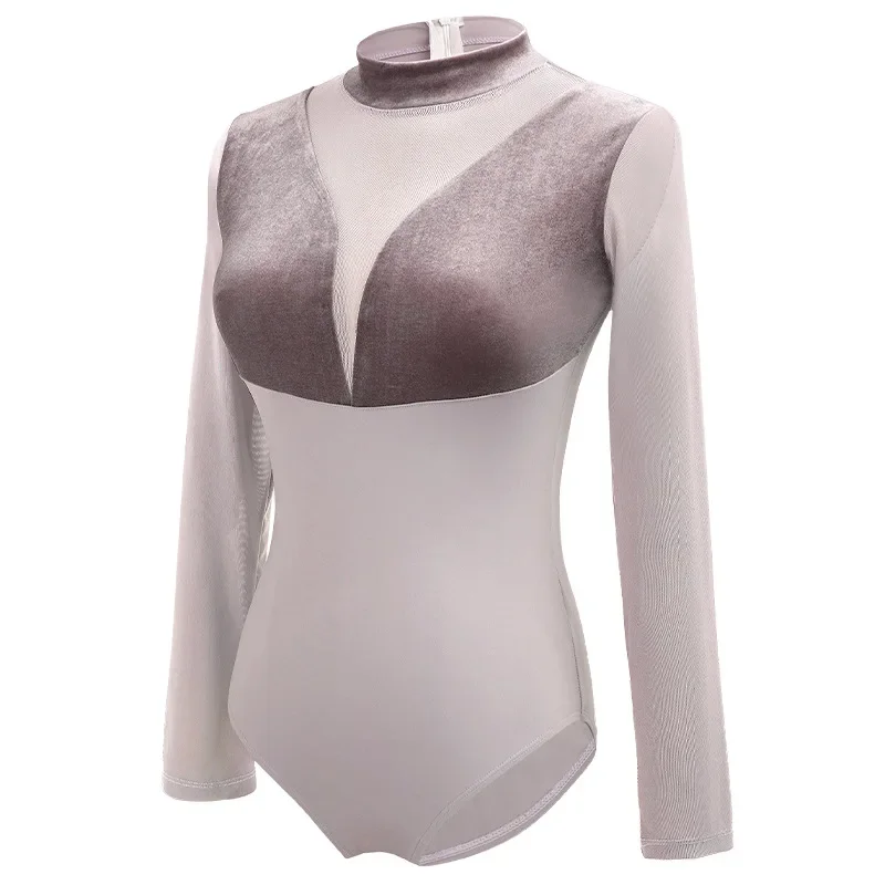 Traje de cuerpo de cuello alto de terciopelo para mujer, traje de práctica de baile latino, traje de práctica de baile para adultos, traje femenino de manga larga