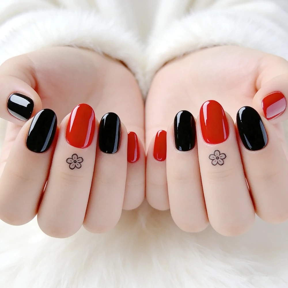 

48Pcs Shiny Black Red False Nails Press Ons With Glue For Woman DIY Bicolor Acrylic Fake Nails Wholesale Manicure Accessories