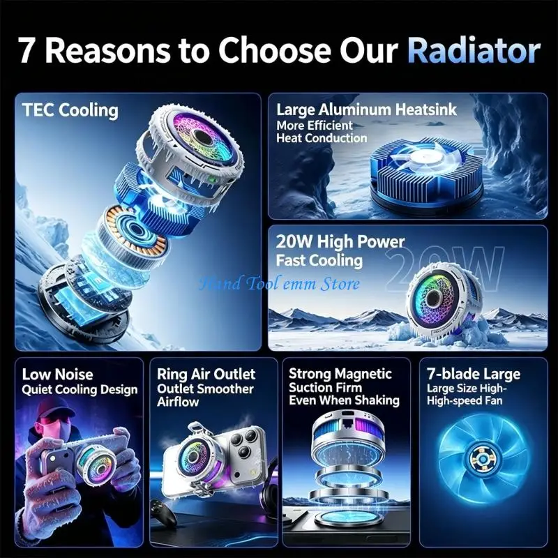 H37F Phone Cooling Fan for Gaming and Recording, Semiconductor Design with Attachment, Back Clip, and Multicolor Light