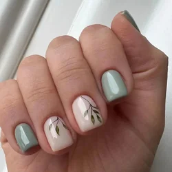 24pcs/set Summer Stick-on Nails Set Press on Short Cheap Green Leaf Fake Nail for Girls Acyrlic Square False Nails Art with Glue
