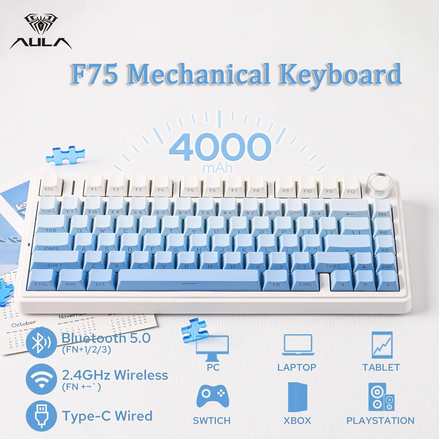 New AULA F75 Mechanical Keyboard 2.4G Wireless/Bluetooth/Wired RGB 75% Layout OEM Profile Gasket Customized PC Gaming Keyboard
