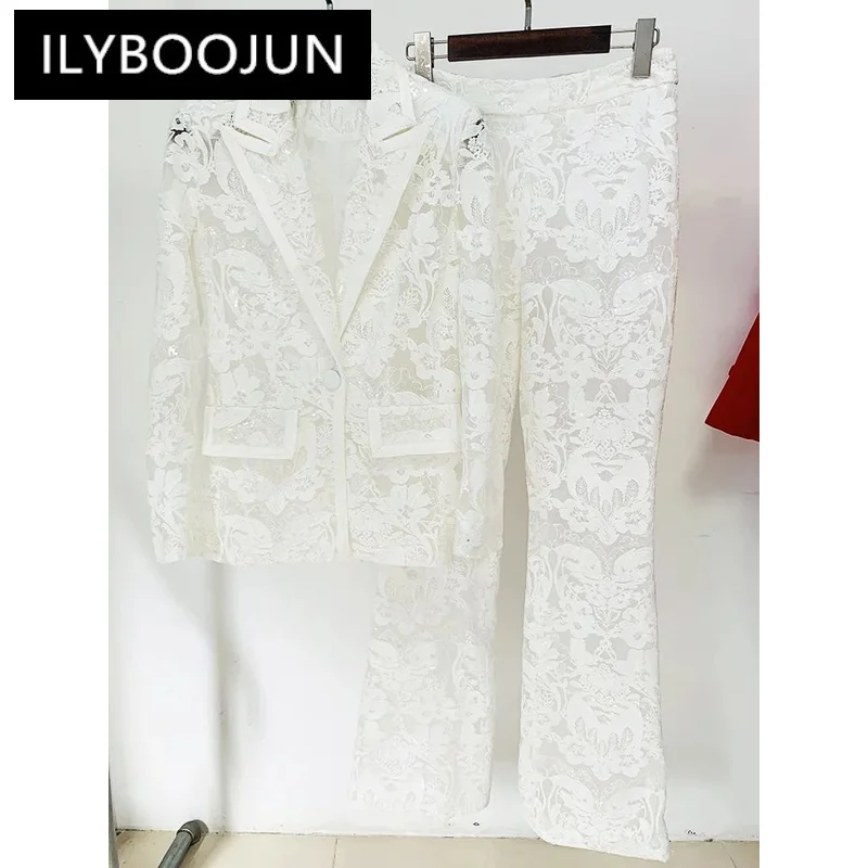 Handmade Mesh Embroidered Sequin Set White New Designer Sequin Suit Coat And Pants Set Two Pieces Blazer Pants Punk Suit