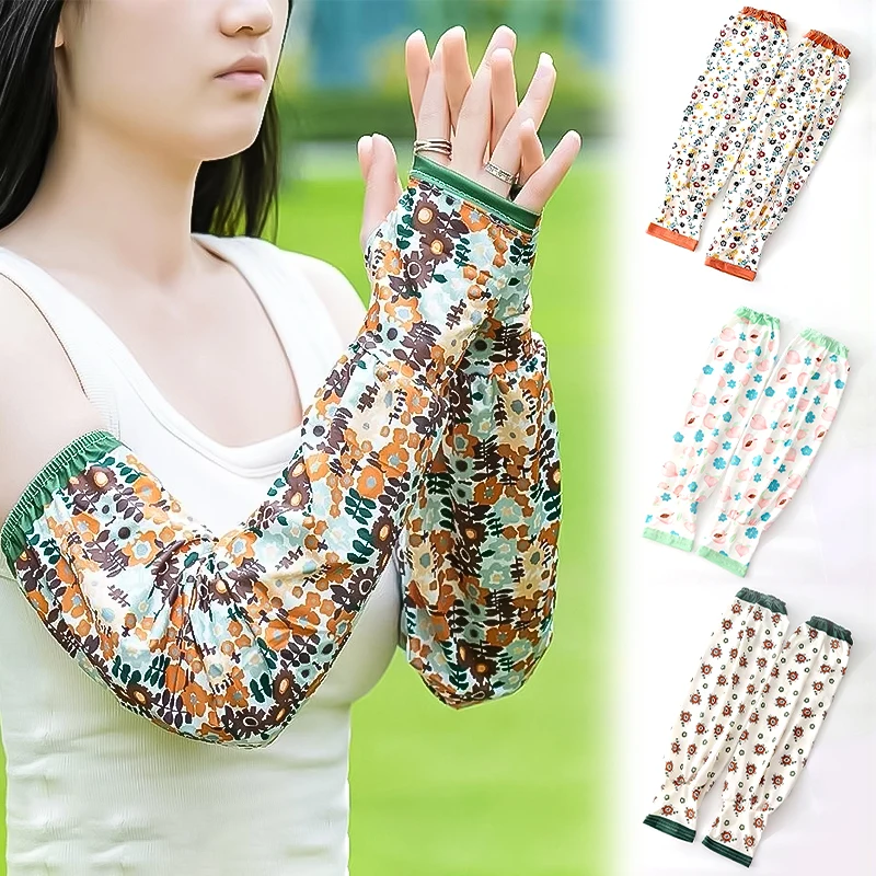 

1pair Summer Ice Silk Sunscreen Arm Sleeves Flower Printed Sun Protection Arm Covers Outdoor Loose Breathable Cycling Gloves