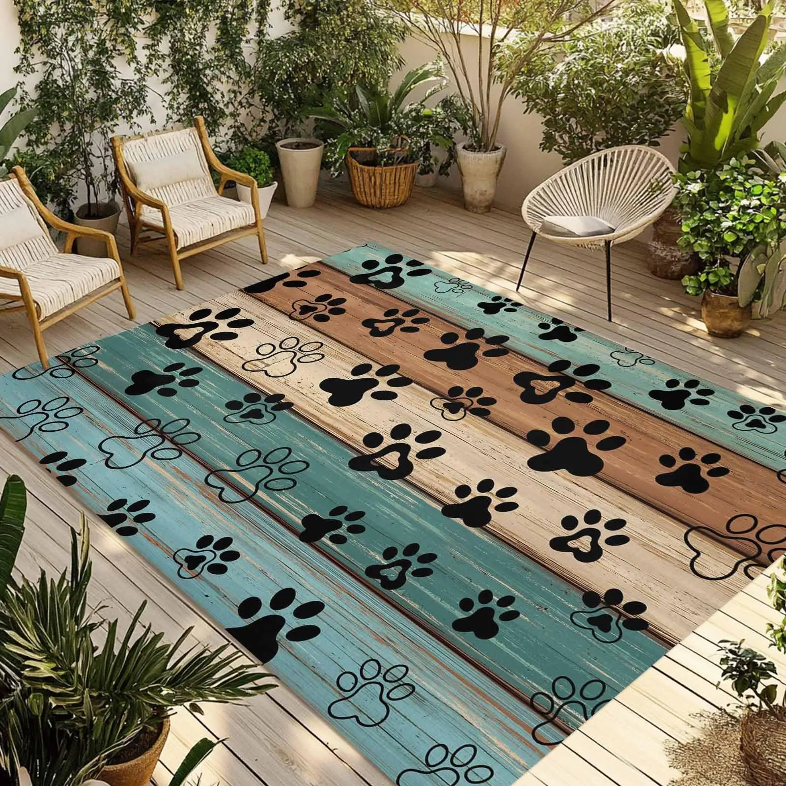 Outdoor Rug 6x9 ft Black Dog Paw Print Waterproof Outdoor Patio Rug Mat Non Slip Outside Area Rugs Carpet for