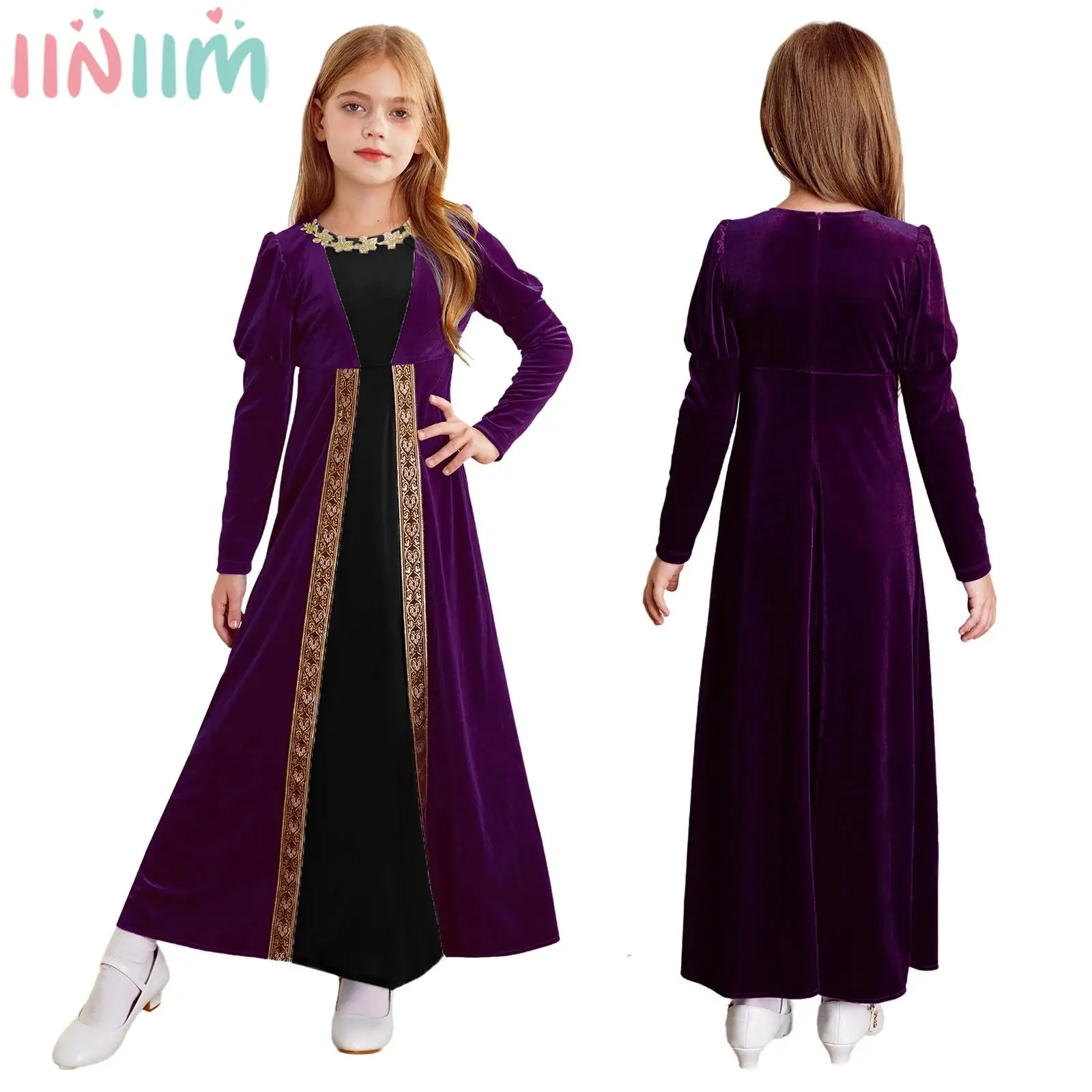 Children Girls Halloween Medieval Renaissance Vampire Cosplay Costume Ancient Roman Princess Dress Long Sleeve Retro Velvet Gown