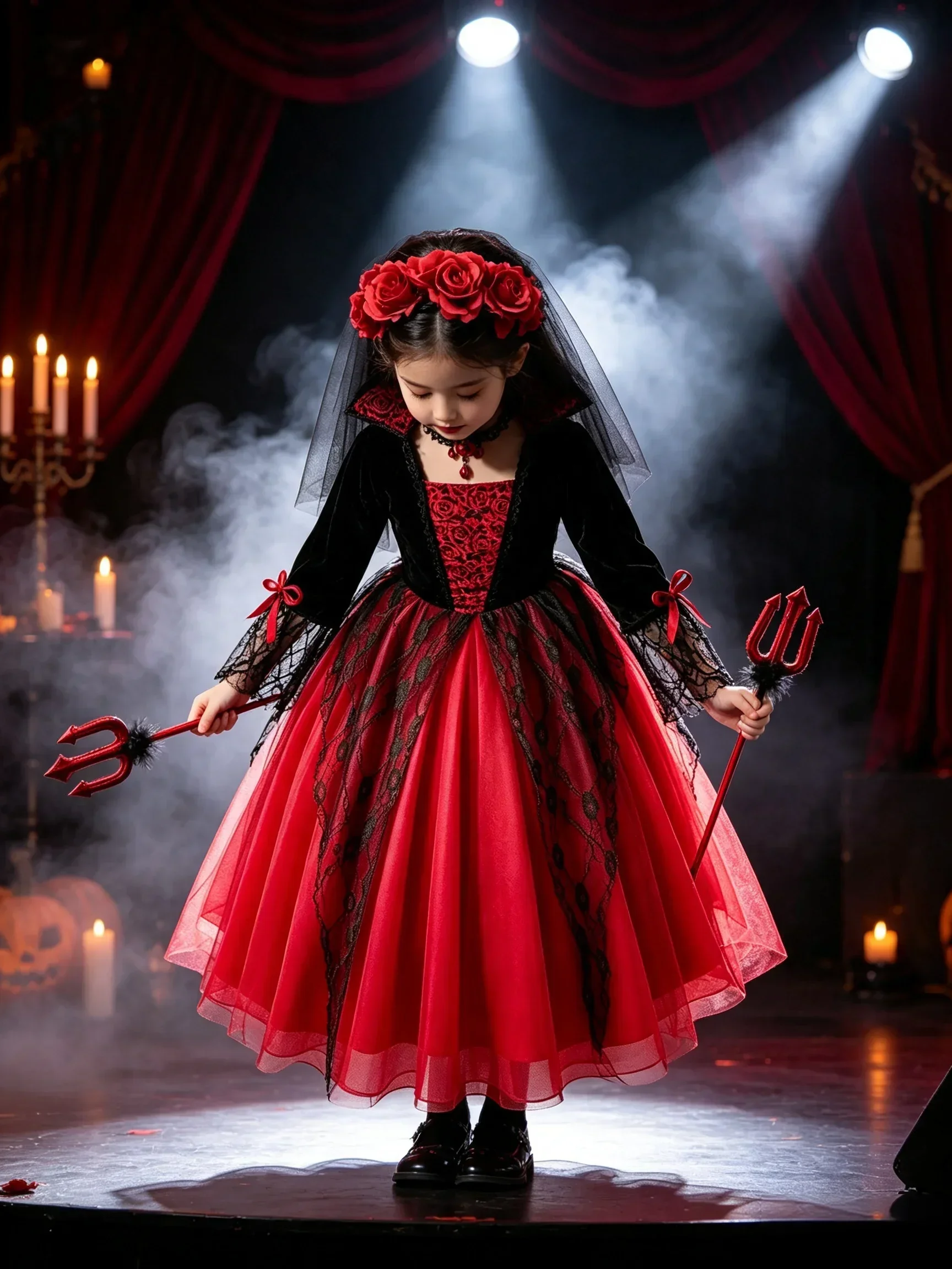 Gotisches Rot-Schwarzes Cosplay-Kleid-Set für Kleine Mädchen, Kinder-Halloween-Kostüm mit Schleier, Handschuhen und Schmuck für Themenpartys und Aufführungen – Detail 3