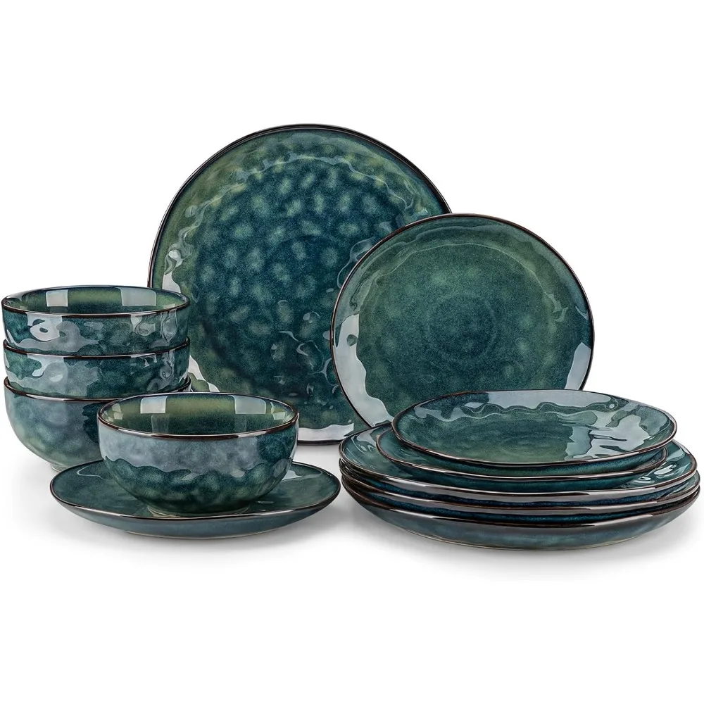 Starry 12 Pieces Dinnerware Set, Plates and Bowls Set for 4, Stoneware Plates Set, Dishwasher and Microwave