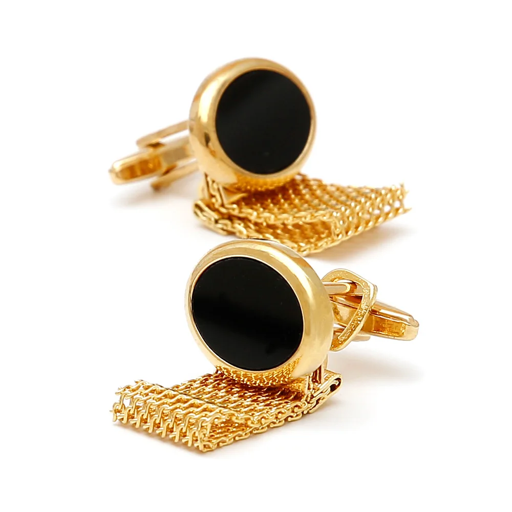 Chain Style Men's Gentleman Business Cufflinks Round Black Stone Inlaid Sleeve Studs Metal Chain Decoration Formal Shirt Cuffs