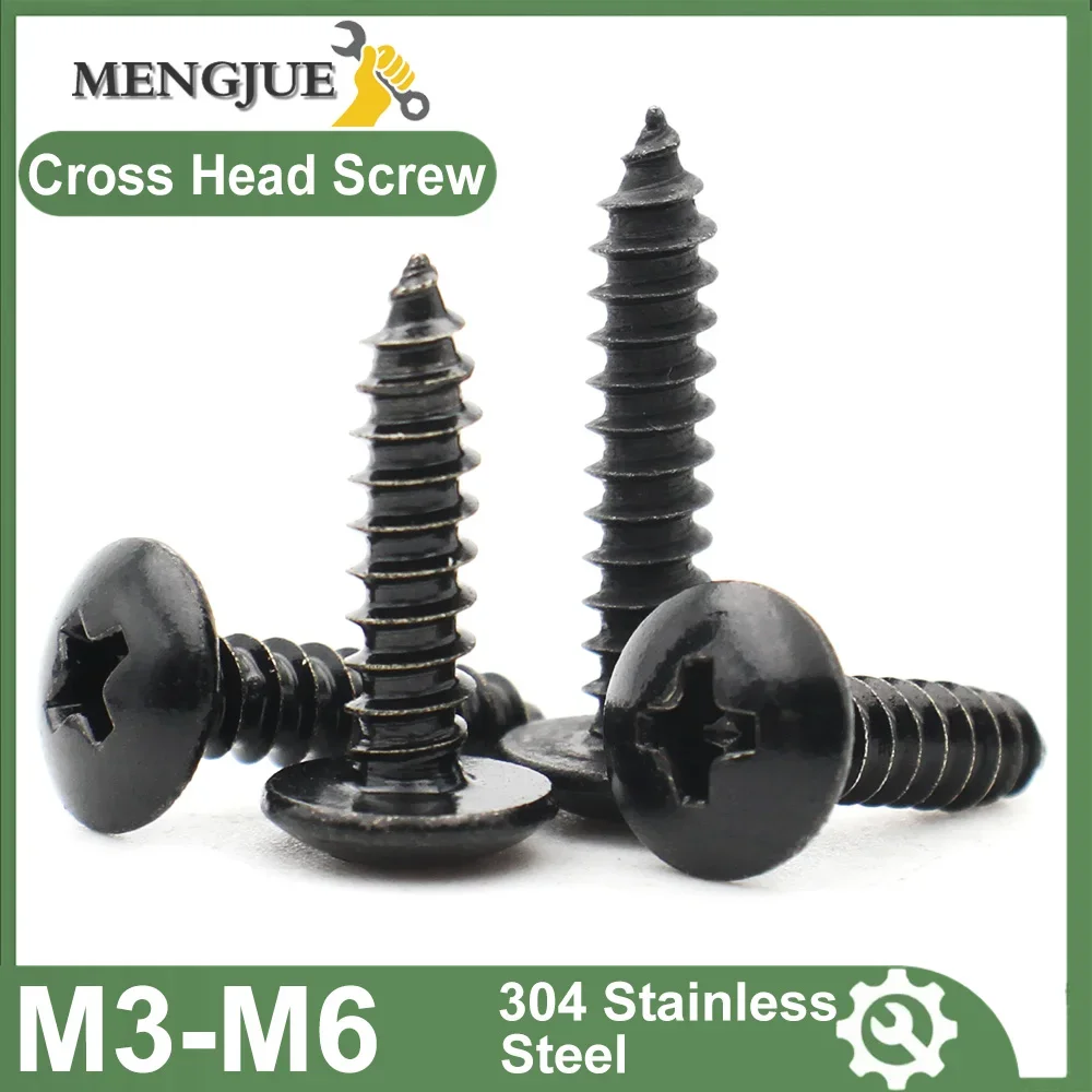 Durable Black 304 Stainless Steel M3 M4 M5 M6 Cross Phillips Recessed Large Round Mushroom Head Self-Tapping Wood Screws