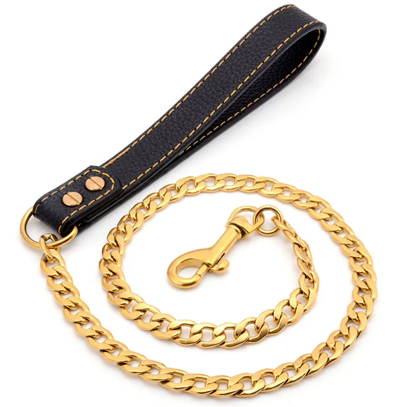 4.5FT Metal Dog Lead Stainless Steel Chain 18K Gold Pet Leash with Leather Handle Training For Medium Large Dog