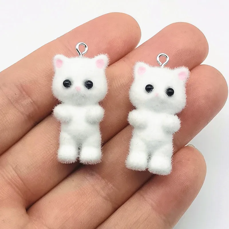 2pcs Cute 3D Fluffy Flocking Resin Cat Charms