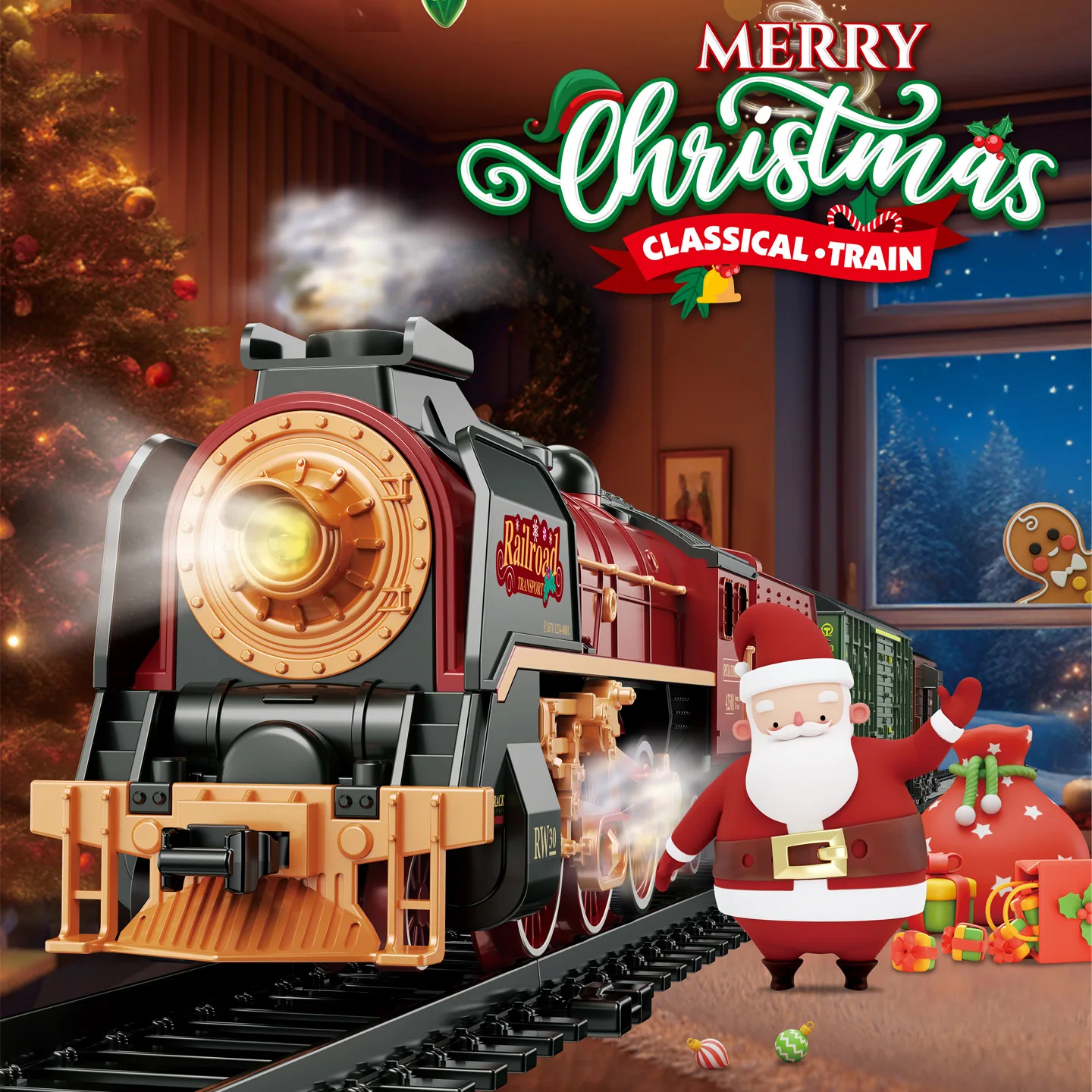 Remote Control Retro Steam Train Model | With Simulated Steam and Christmas Decorations | Electric Train Set, Holiday collection