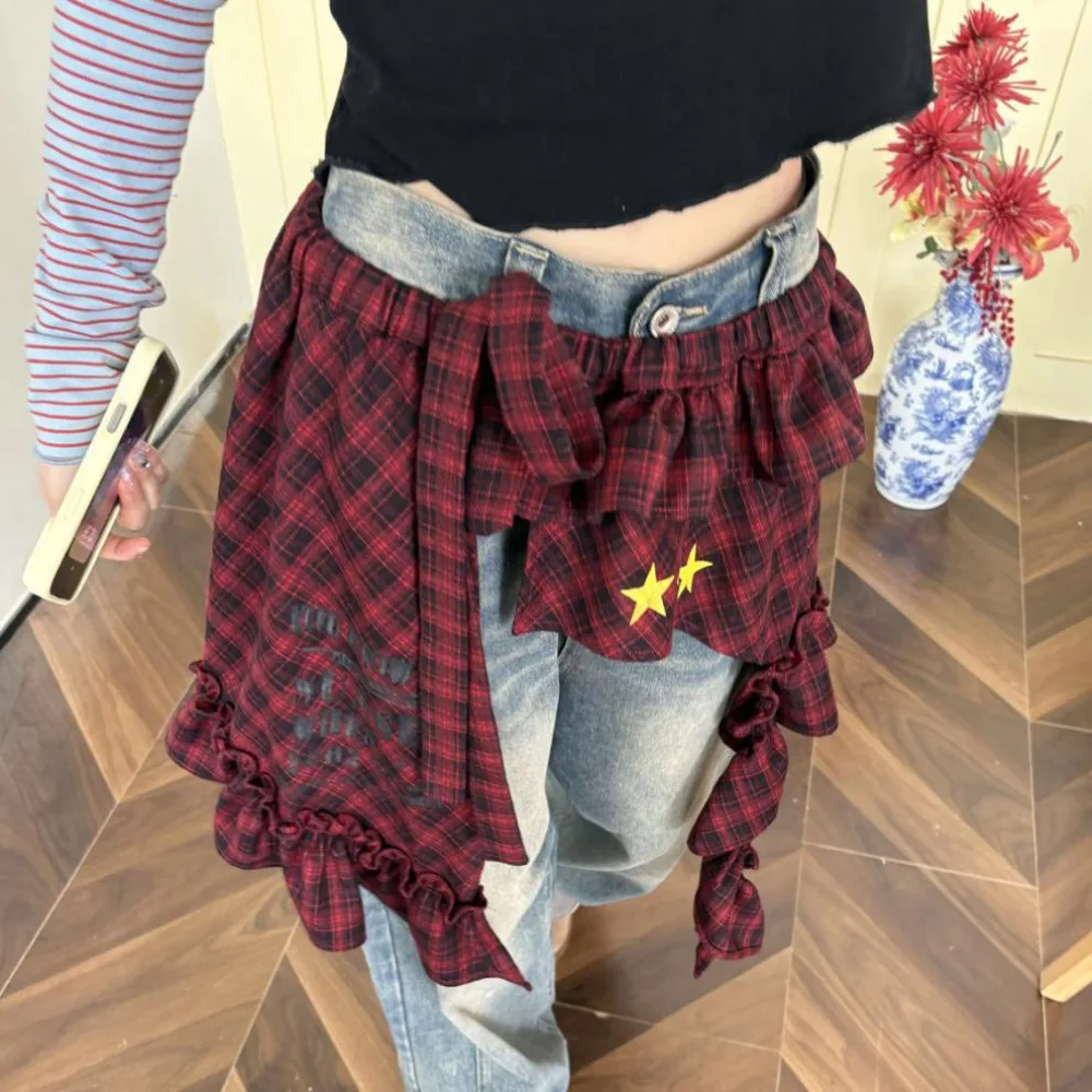 Star Layer Outfits Plaid Skirt Shirt Extender Sweet Lace Up Hip Scarf Hip-hop Korean Style Ruffled Edge Waistband