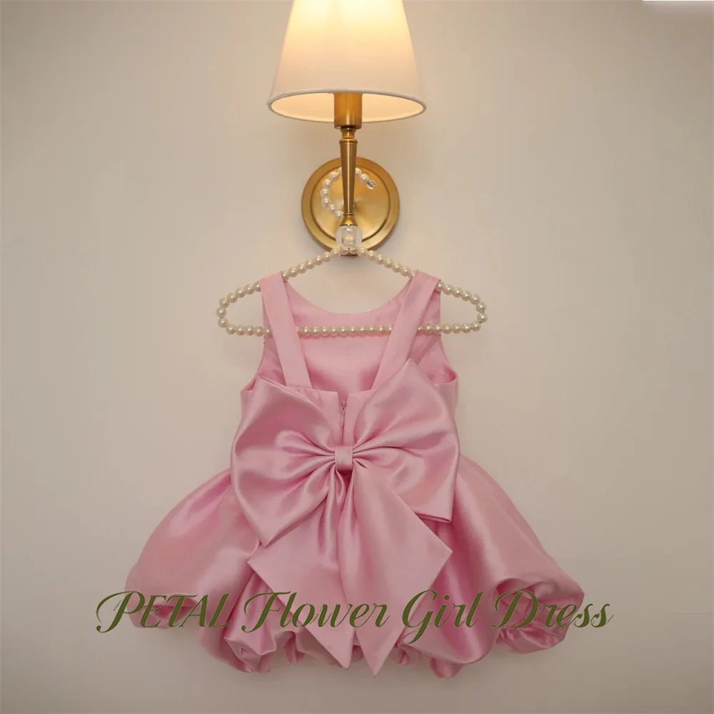 Petal Blush Pink Flower Girl Dress Round Neck Oversized Bow Kids Birthday Party Dress with Wide Straps Tutu Fluffy Prom Gown