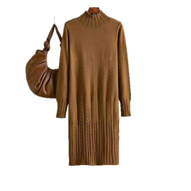 Vestido Midi de Malha em Cor Pura para Outono Inverno, Camada Base de Manga Longa com Cintura Alta para Mulheres