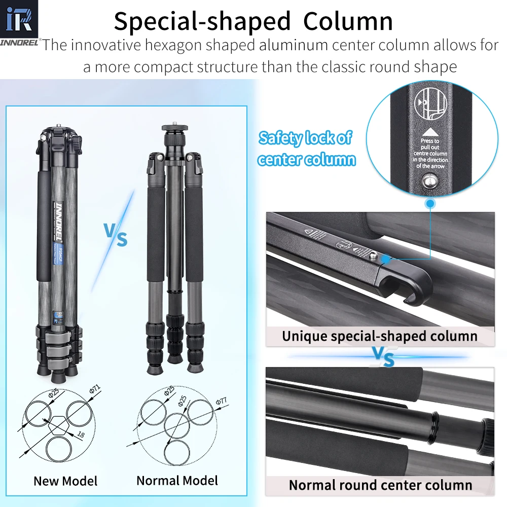 INNOREL P254CF treppiede in fibra di carbonio Flip Lock a sgancio rapido/rapido per fotocamera DSLR con colonna centrale a forma speciale carico