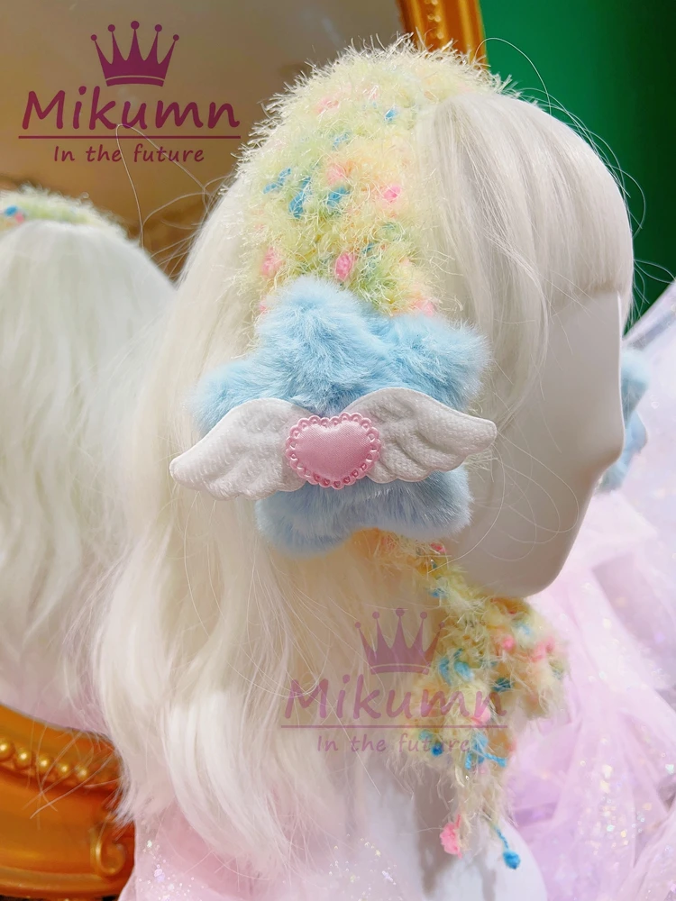 Harajuku Girls Blue Beige Pink Knitted Headbands Y2K Aesthetic Kawaii Plush Star Wings Earmuffs Hairbands Warm Hair Accessory