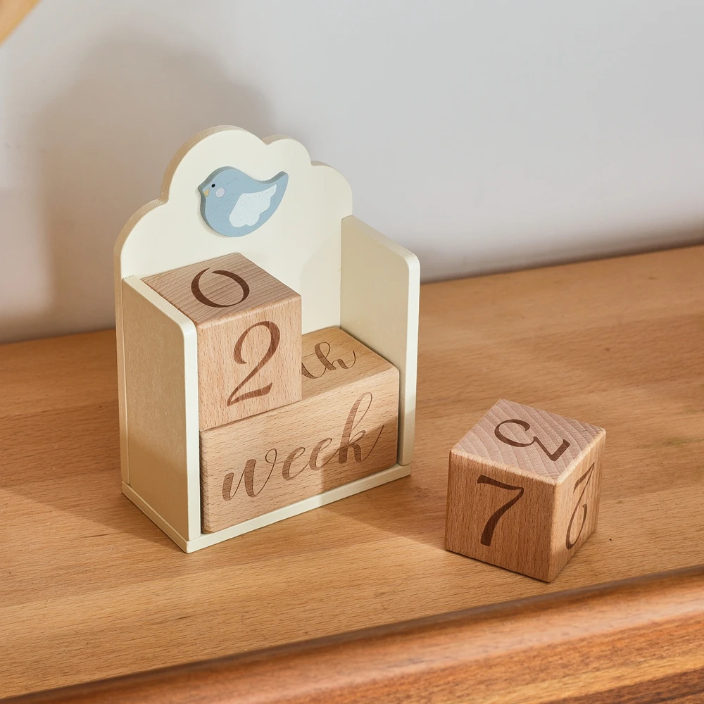 3pc Wood Baby Month Milestone Card Photography Props Beech Block Can stored Cute bird Square Engraved Newborn Birthday Milestone