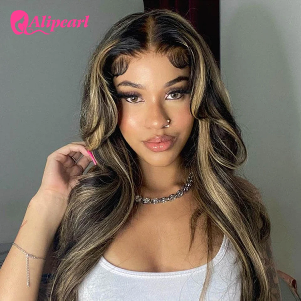 AliPearl-Peluca de cabello humano ondulado con encaje frontal, pelo negro con reflejos rubio miel 13x4, 5x5, predesplumada, 180 de densidad