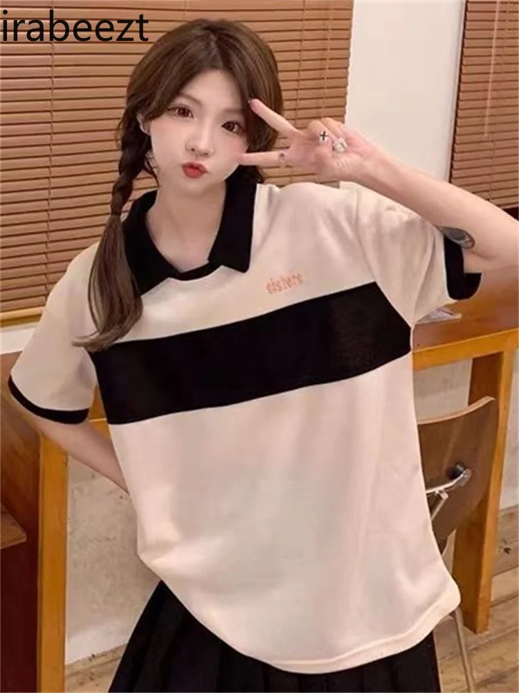 Irabeezt Vintage Striped Shirts Women 2022 Summer New Korean Oversized Letter T-shirt Patchwork Harajuku Buttons Tops Trend