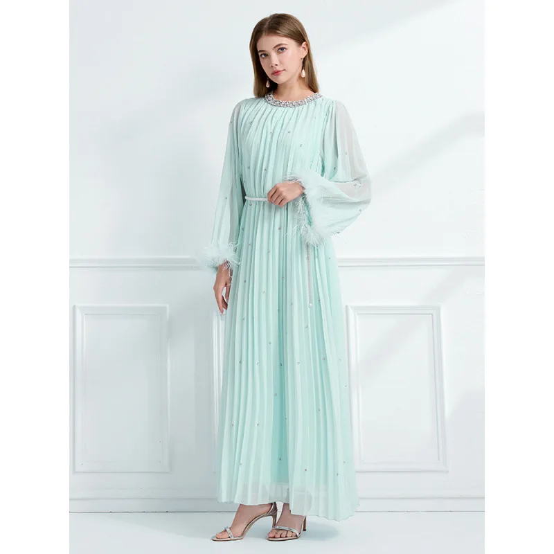 Herfst 2025, handgemaakte diamanten verfraaide struisvogelveren lange Sve geplooide hoge taille Street Sle dames Dr Thi stof