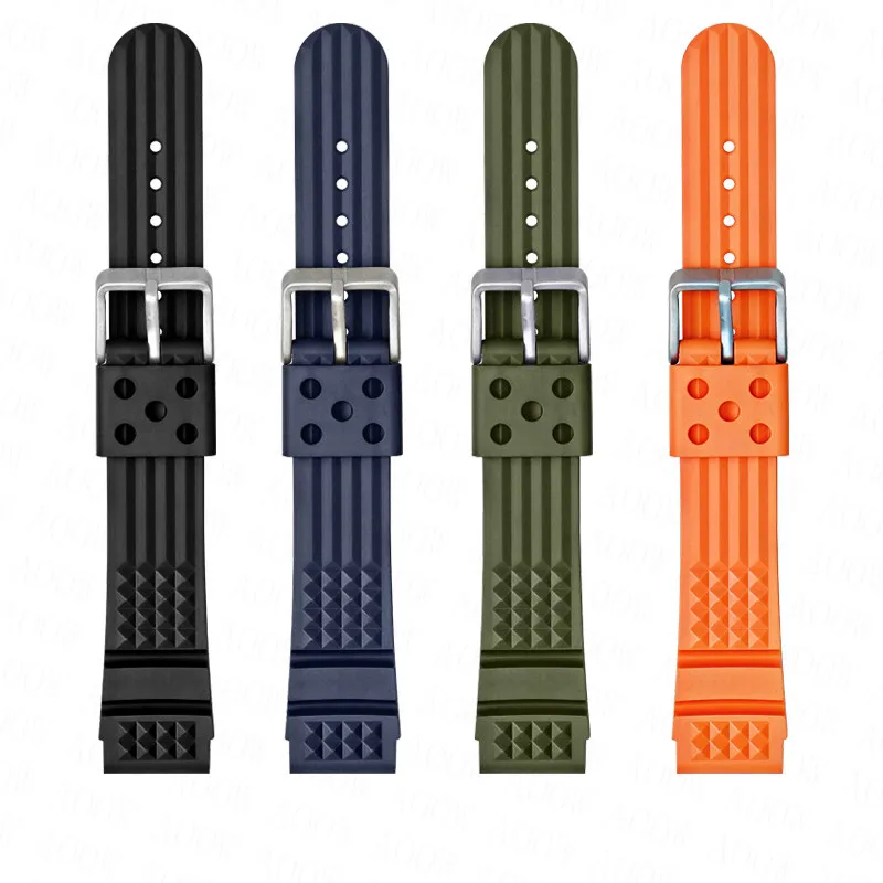 20mm 22mm Waffle Rubber Strap Belt Stainless Steel Buckle Men Sport Waterproof TPU Replace Watch Band for Seiko for Citizen Blue