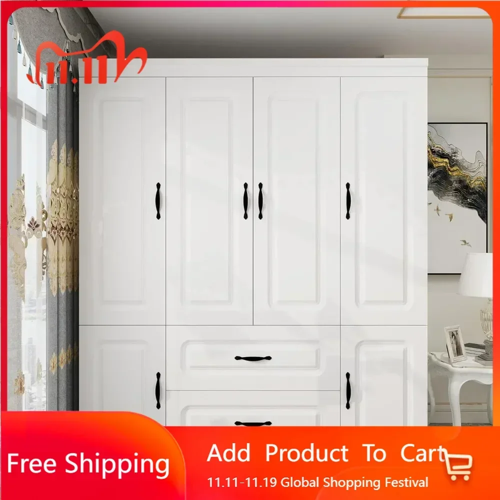 Armoire Wardrobe Closet: White Large Bedroom Armoires Wood Wardrobe Cabinet with 4 Door 2 Drawers Tall Wardrobe Closet