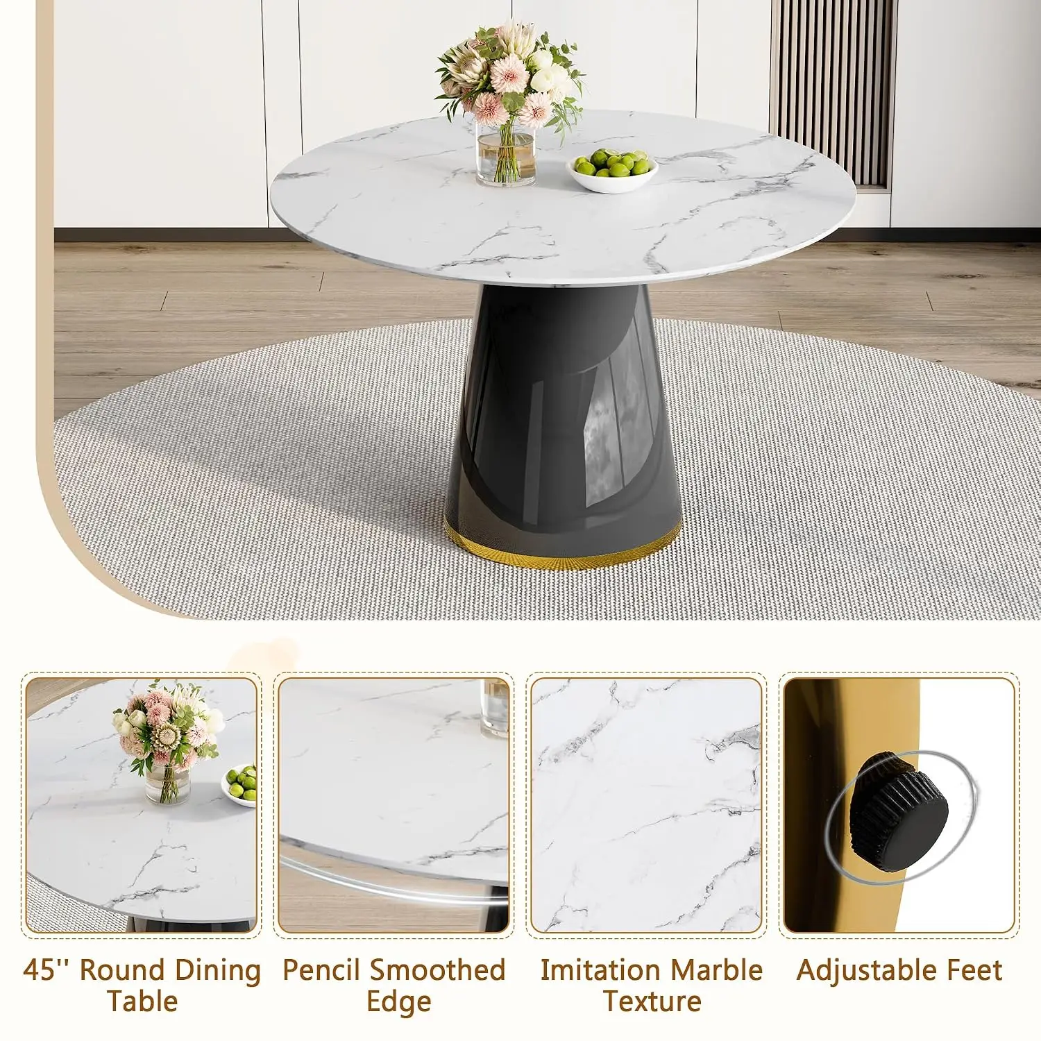 Round Dining Table Set for 4, 45''Marble Grain Dining Room Table Set for 4 with Upholstered Chairs, Modern Dinner Table image 4