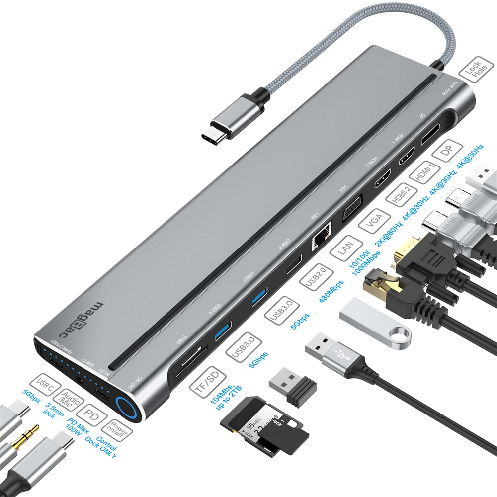 

Док-станция с портом USB Type-C и тройным монитором, 2 порта HDMI, VGA, USB 3,0, RJ45, PD, 100 Вт