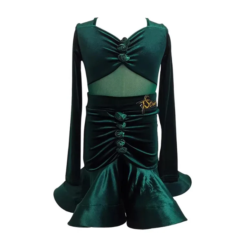 

Детский бархатный боди с длинными рукавами и сетчатыми вставками, юбка-клеш для латиноамериканских танцев, костюм для выступлений и соревнований по румбе и ча-ча-ча для девочек